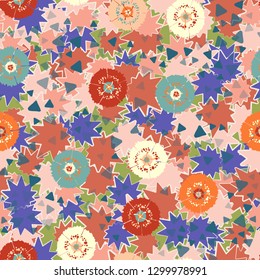 Seamless abstract pattern containing images of carnations.
The background consists of multibeam oblique stars. Editable.