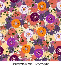 Seamless abstract pattern containing images of carnations.
The background consists of multibeam oblique stars. Editable.
