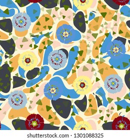 Seamless abstract pattern containing images of carnations.
The background consists of irregular spots with smooth outlines. Editable.