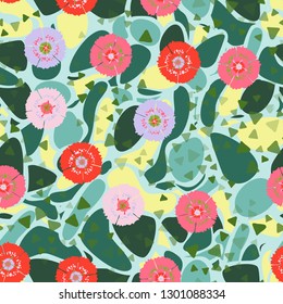 Seamless abstract pattern containing images of carnations.
The background consists of irregular spots with smooth outlines. Editable.