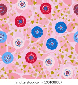 Seamless abstract pattern containing images of carnations.
The background consists of irregular spots with smooth outlines. Editable.