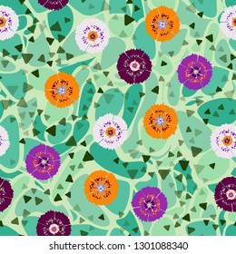 Seamless abstract pattern containing images of carnations.
The background consists of irregular spots with smooth outlines. Editable.