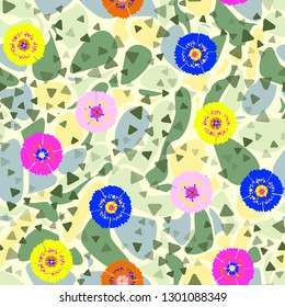 Seamless abstract pattern containing images of carnations.
The background consists of irregular spots with smooth outlines. Editable.