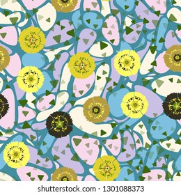 Seamless abstract pattern containing images of carnations.
The background consists of irregular spots with smooth outlines. Editable.