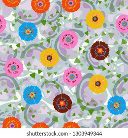 Seamless abstract pattern containing images of carnations.
The background consists of soft curved shapes. Editable.