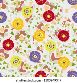 Seamless abstract pattern containing images of carnations.
The background consists of soft curved shapes. Editable.