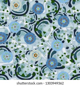 Seamless abstract pattern containing images of carnations.
The background consists of soft curved shapes. Editable.