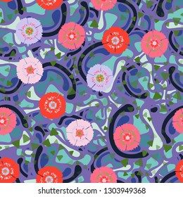 Seamless abstract pattern containing images of carnations.
The background consists of soft curved shapes. Editable.