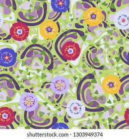 Seamless abstract pattern containing images of carnations.
The background consists of soft curved shapes. Editable.