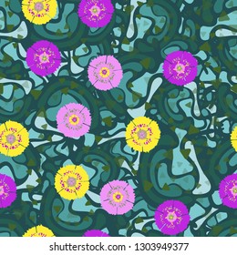 Seamless abstract pattern containing images of carnations.
The background consists of soft curved shapes. Editable.