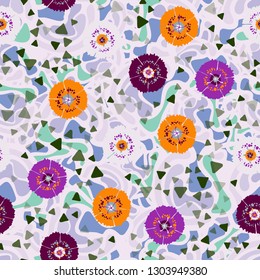 Seamless abstract pattern containing images of carnations.
The background consists of soft curved shapes. Editable.