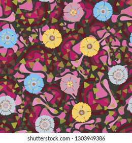 Seamless abstract pattern containing images of carnations.
The background consists of soft curved shapes. Editable.