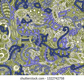 Seamless, abstract pattern of contours and lines of different colors.