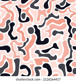 Seamless abstract pattern. Coral, gray, blue waves, round on a white background. Design for clothes, fabric, wrapping paper, wallpaper. Beautiful colors of muted tones. Vector illustration.