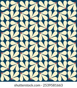 A seamless, abstract pattern with cream-colored petal shapes on a deep blue background, accented with small red details, creating a visually appealing and balanced design.