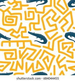 Seamless abstract pattern with crocodiles. Vector tribal african fabric design.