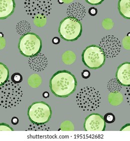 Seamless abstract pattern with cucumber slices. Vector watercolor vegetable background