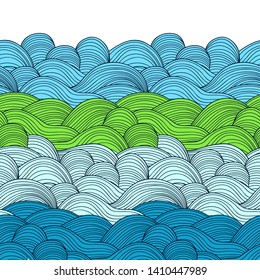 Seamless abstract pattern. Curly waves and spirals. Vector illustration. The swell on the sea. Ocean. Border ornament.