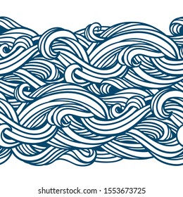 Seamless abstract pattern. Curly waves and spirals. Vector illustration. The swell on the sea. Ocean. 