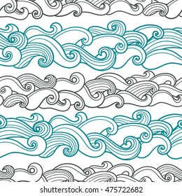 Seamless abstract pattern with curly waves and spirals. Vector illustration. The swell on the sea