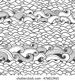 Seamless abstract pattern with curly waves and spirals. Vector illustration. The swell on the sea.