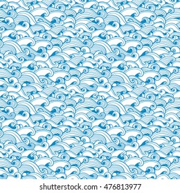 Seamless abstract pattern with curly waves and spirals. Vector illustration. The swell on the sea.