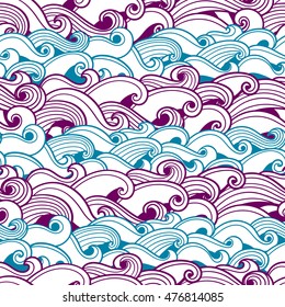 Seamless abstract pattern with curly waves and spirals. Vector illustration. The swell on the sea.
