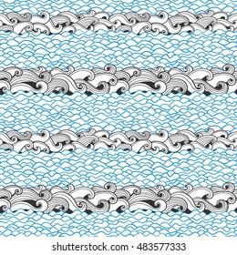 Seamless abstract pattern with curly waves and spirals. Vector illustration. 