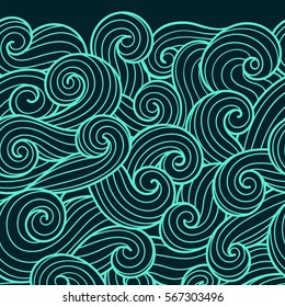 Seamless abstract pattern. Curly waves and spirals. Vector illustration. The swell on the sea. Ocean. Border ornament.