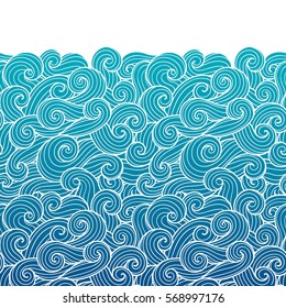 Seamless abstract pattern. Curly waves and spirals. Vector illustration. The swell on the sea. Ocean. Border ornament.