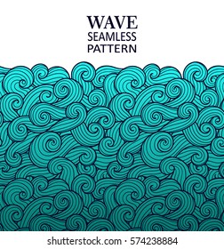 Seamless abstract pattern. Curly waves and spirals. Vector illustration. The swell on the sea. Ocean. Border ornament.