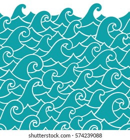 Seamless abstract pattern. Curly waves and spirals. Vector illustration. The swell on the sea. Ocean. Border ornament.