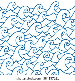 Seamless abstract pattern. Curly waves and spirals. Vector illustration. The swell on the sea. Ocean. Border ornament.