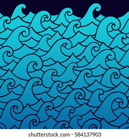 Seamless abstract pattern. Curly waves and spirals. Vector illustration. The swell on the sea. Ocean. Border ornament.