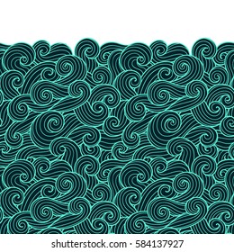 Seamless abstract pattern. Curly waves and spirals. Vector illustration. The swell on the sea. Ocean. Border ornament.