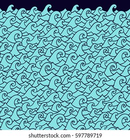Seamless abstract pattern. Curly waves and spirals. Vector illustration. The swell on the sea. Ocean. Border ornament.