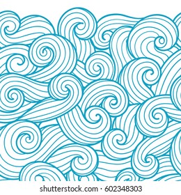 Seamless abstract pattern. Curly waves and spirals. Vector illustration. The swell on the sea. Ocean. Border ornament.