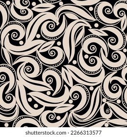 Seamless abstract pattern with curved lines on black background. Hand drawn design for ceramic tile, wallpaper, linoleum, textile, web page background. Vector illustration
