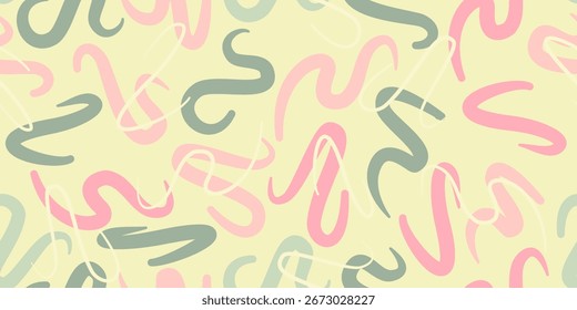Patrón abstracto sin fisuras con Formas orgánicas curvas en verde pastel, rosa y naranja sobre un fondo crema, ideal para proyectos de Fondo de pantalla, textiles o diseño creativo.