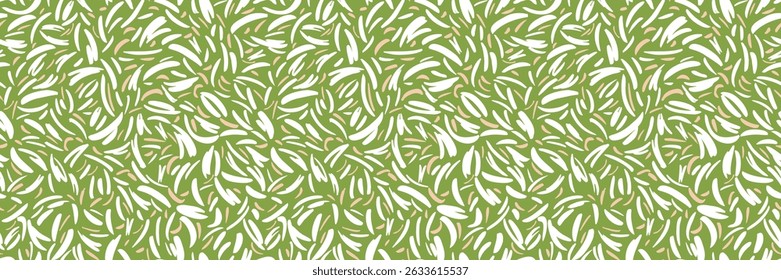 Seamless abstract pattern with curved shapes resembling organic strokes on a green background. Plain minimalist print for fabric design, wrapping paper, home decor, packaging,