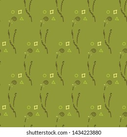 Seamless abstract pattern of curves, curls, rhombuses, circles, triangles, dots.