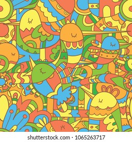 Seamless abstract pattern with cute cartoon colorful birds . Vector contour image and  linear print.