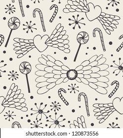 Seamless abstract pattern. Cute doodle background with hearts, angel wings, lollipops, sugarplums and snowflakes. Endless craft linear texture