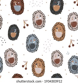 Seamless abstract pattern with cute hedgehogs. Creative childish texture for fabric, wrapping, textile, wallpaper, apparel. Vector illustration