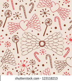 Seamless abstract pattern. Cute lace background with hearts, angel wings, lollipops, sugarplums and snowflakes. Endless light texture