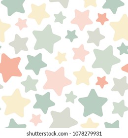 Seamless abstract pattern with cute stars. Sage green, peachy and yellow colors. Vector illustration. fantasy. Childish wallpaper. Magic vector ornament. 