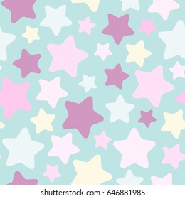 Seamless abstract pattern with cute stars of different pastel colors. Baby blue background. Nice and colorful Vector illustration.