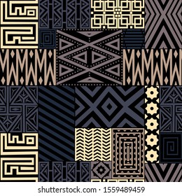 Seamless abstract pattern. Dark geometric ornament in patchwork style. Print for textile and paper. Vector illustration.