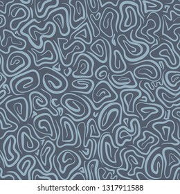 Seamless abstract pattern. Decorative seamless pattern with hand drawn shapes. Hand painted grunge doodles in cold colours. Endless ornament with spiral shapes, convoluted figures, snail shell shapes
