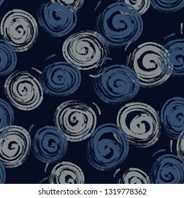 Seamless abstract pattern. Decorative seamless pattern with hand drawn shapes. Hand painted grunge doodles in cold colours. Endless ornament with spiral shapes, convoluted figures, snail shell shapes